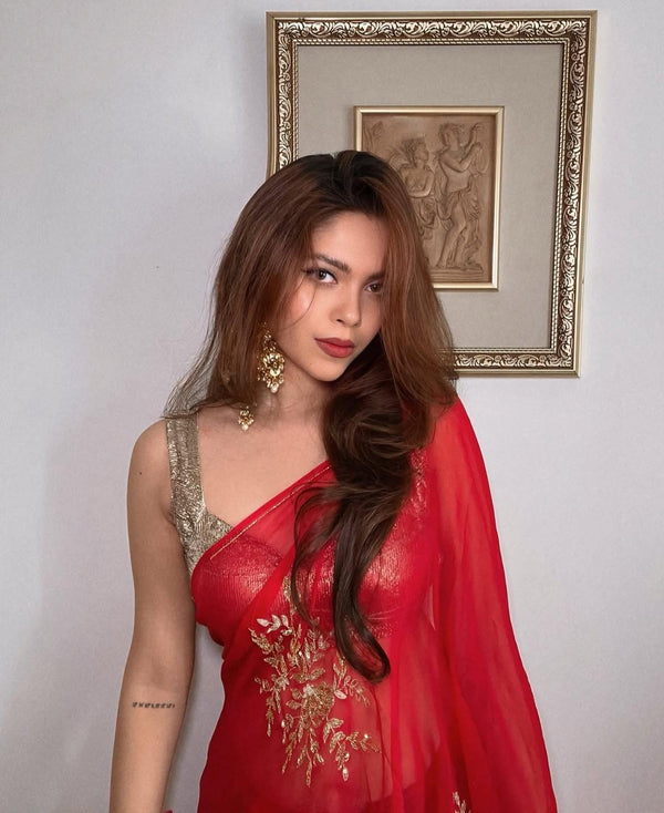 (Copy) Deep Red Pure Chiffon Handcrafted Saree with Crepe Work Blouse