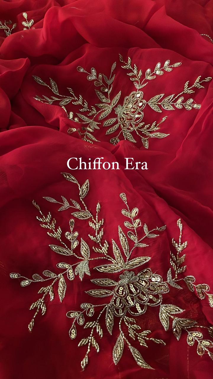 Deep Red Pure Chiffon Handcrafted Saree with Crepe Work Blouse