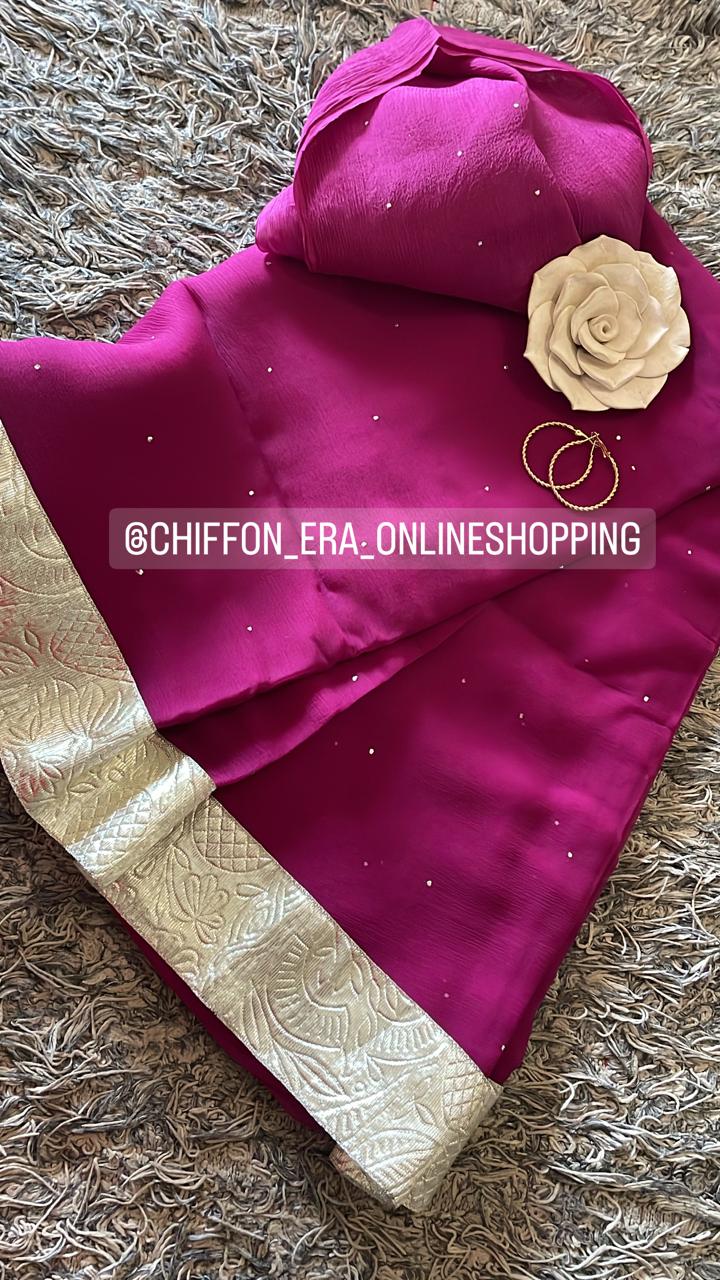 Pure Chiffon Mukesh Handcrafted Saree with Laffa Border & Crepe Blouse