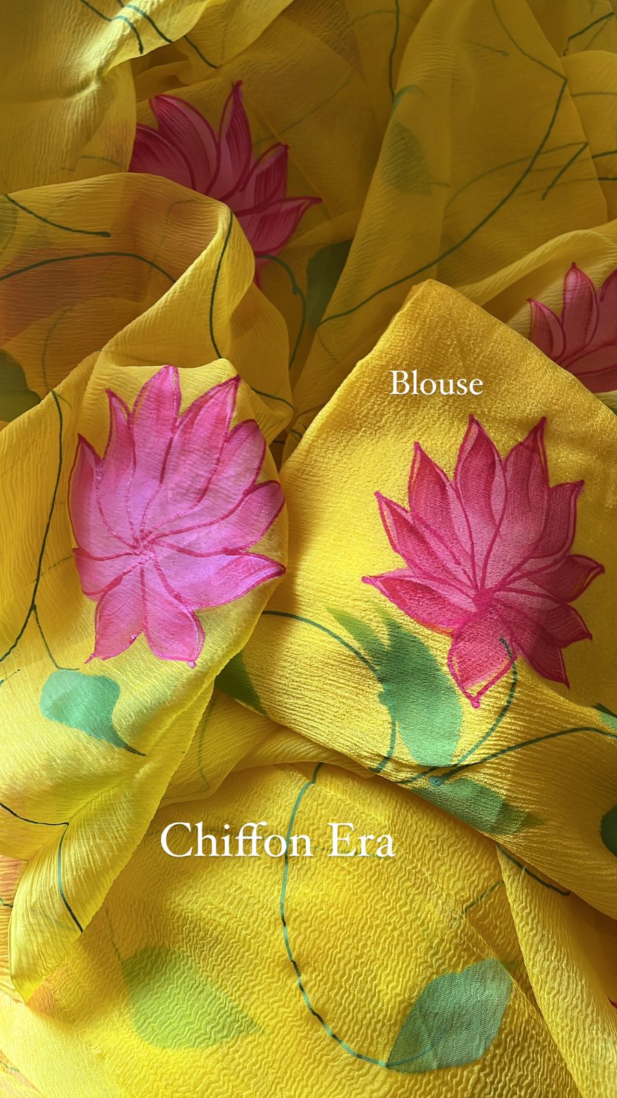 Yellow Pure chiffon lotus jaal handpainted saree with crepe blouse