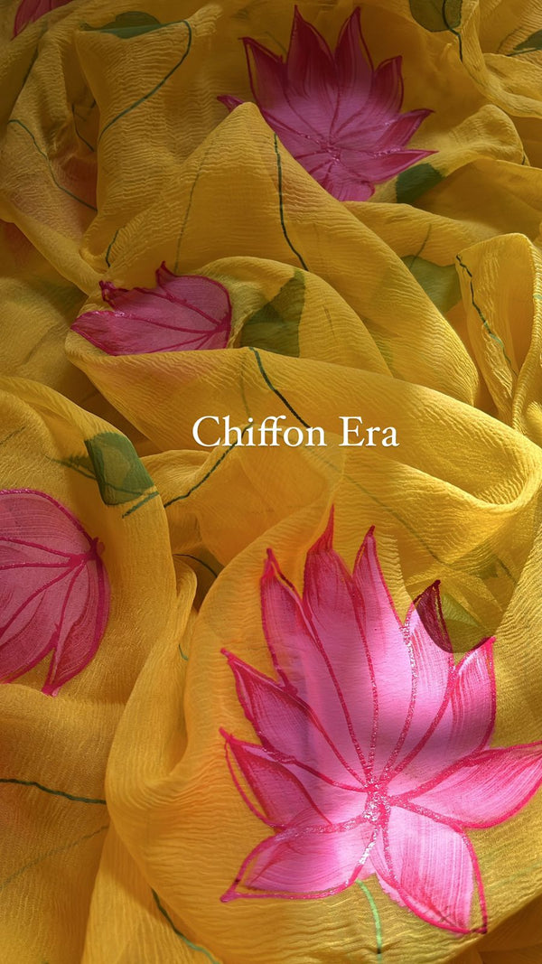 Yellow Pure chiffon lotus jaal handpainted saree with crepe blouse