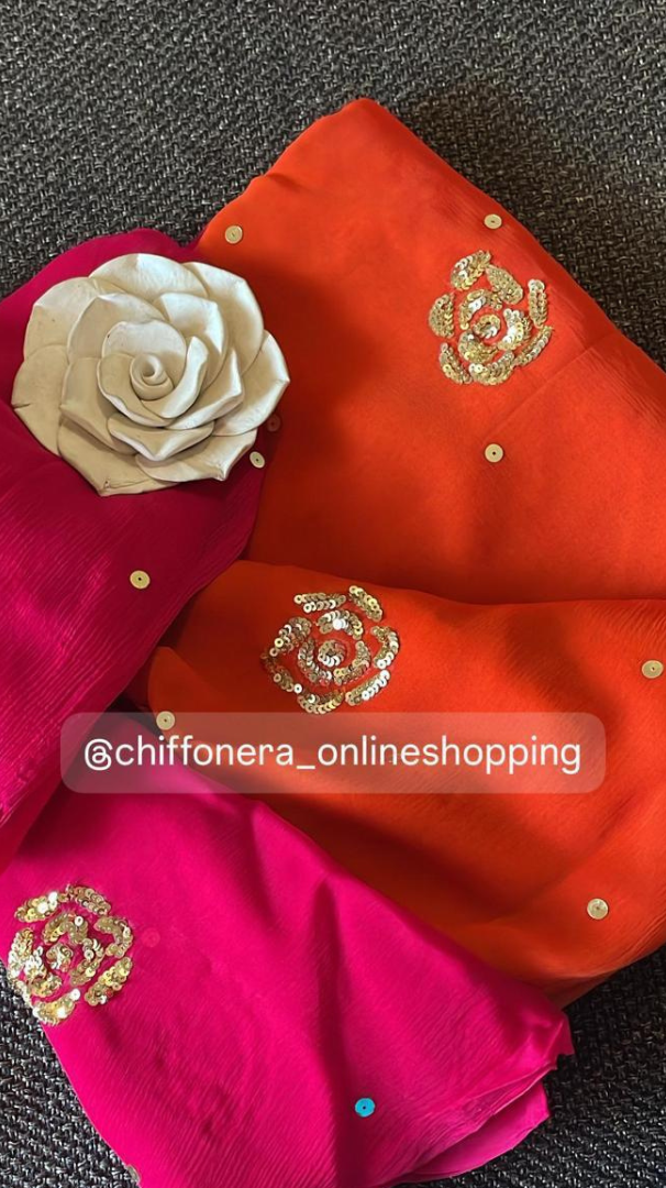 Chiffon handcrafted rose with dotted sequins saree with ruining pink work blouse