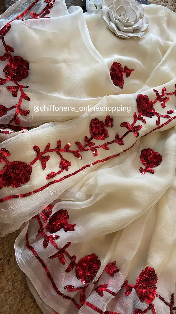 Ivory rose Bella border saree with crepe work blouse