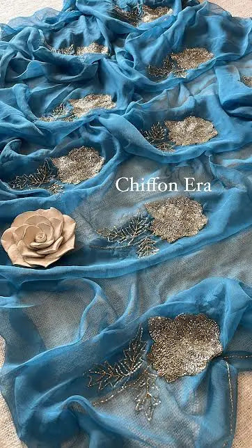 Ocean Blue Rose Kutdaana Handcrafted Saree with Crepe Work Blouse