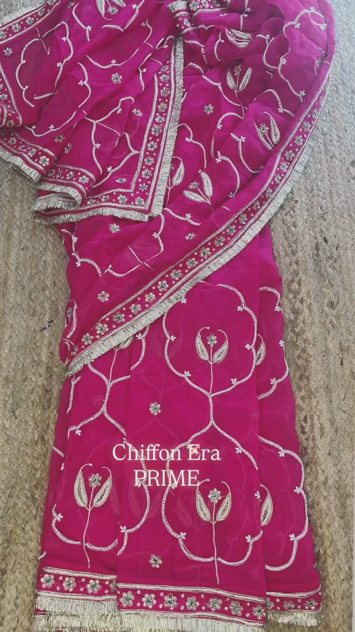 Rani Pink Pure Silk Organza Jharoka Saree with Zardozi, Pearl & Hand Embroidery | Luxury Wedding & Festive Saree