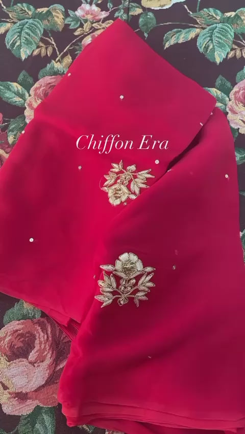 Zardozi cherry Red saree with crepe work blouse