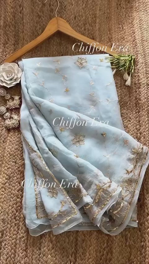 Powder blue zari heavy work handcrafted saree with crepe blouse