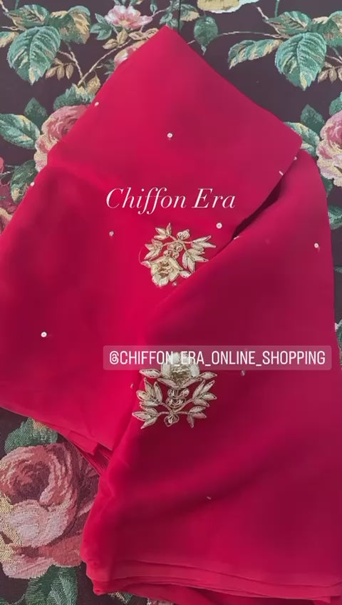 Zardozi cherry Red saree with crepe work blouse