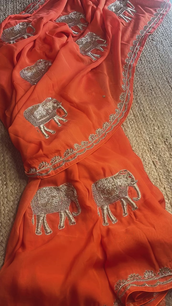 Orange Chiffon Saree with Hand Embroidered Elephant Motifs & Zari Border | Designer Festive & Wedding Saree