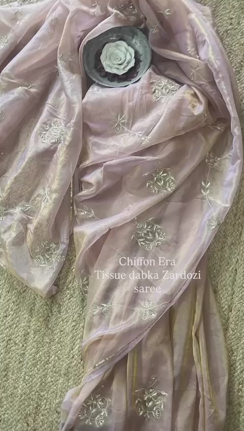 Pure Cinnamon Silk Tissue Saree with Handcrafted Zardozi & Dabka Work | Raw Silk Blouse