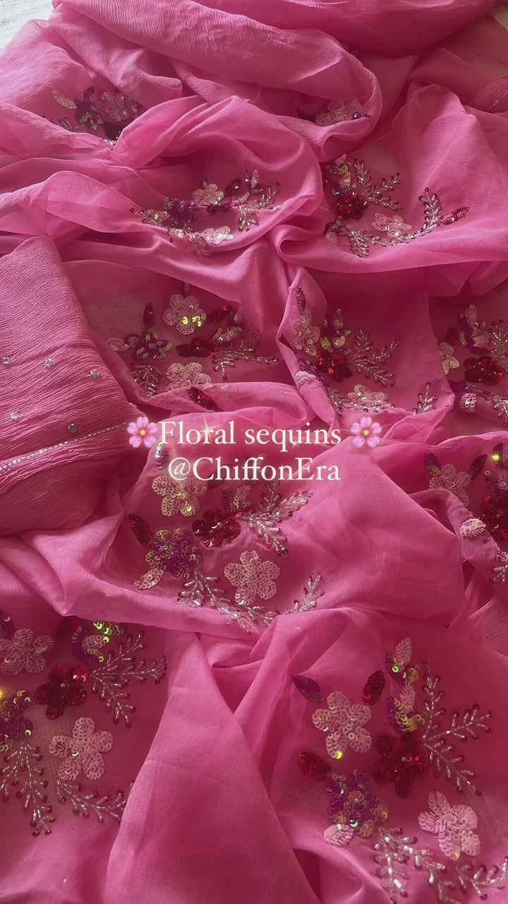 Pink Pure Chiffon Handcrafted Sequins Floral Bunch Saree with Crepe blouse