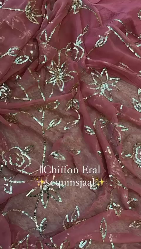 Copper Color Pure Chiffon Handcrafted Sequins Jaal Saree with Blouse