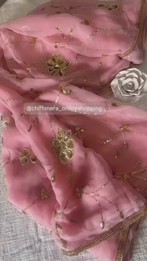 Crimson Pink Sequins &amp; Pearl Handcrafted Saree with Crepe Blouse