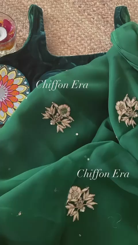 Bottle green pure chiffon handcrafted Zardozi saree with crepe blouse