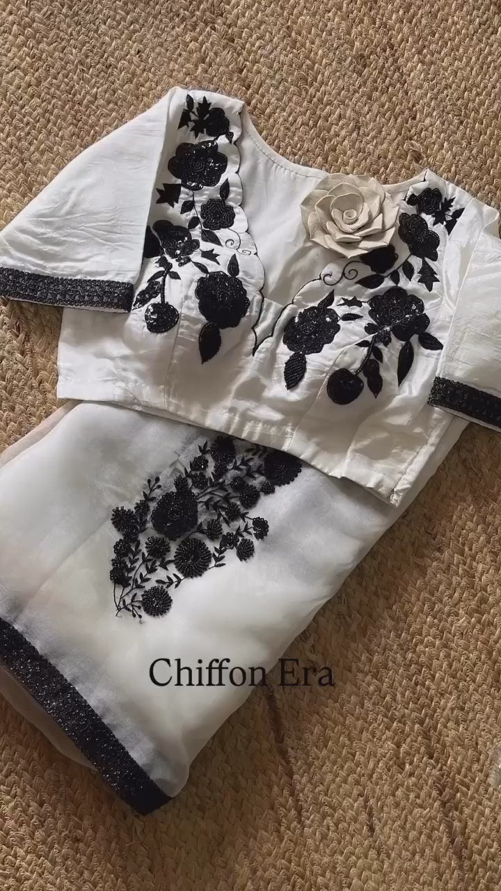 Moonlight Saree ✨ Dreamy Silk Organza with Handcrafted Detailing & Stitched Blouse