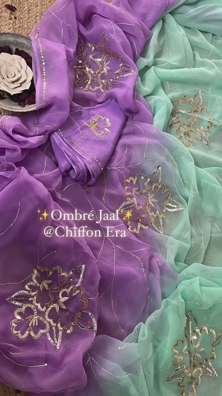 Lilac n mint green  Pure chiffon handcrafted saree with crepe blouse