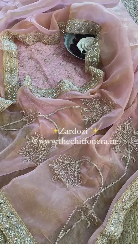 Cinnamon Pure Tissue Handcrafted Zardozi Saree with Crushed Raw Silk Zardozi Work Blouse