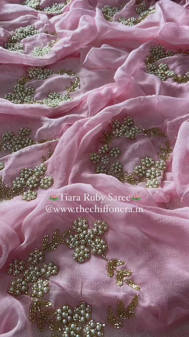 Pink tiara saree with pearl handcrafted work with crepe work blouse