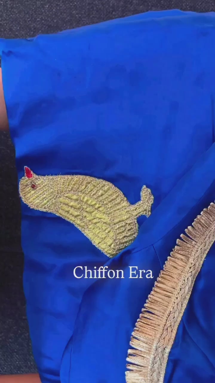 Golden Wings Satton Silk Indigo Saree with Golden Bird Appliqué & Stitched non padded with birds at back of Blouse