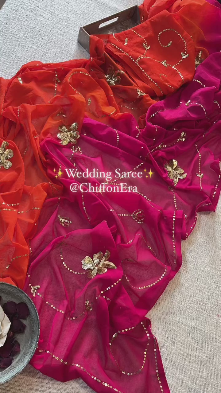 Shaded chiffon saree with beautiful sequins and aari tari work all over with pink work blouse