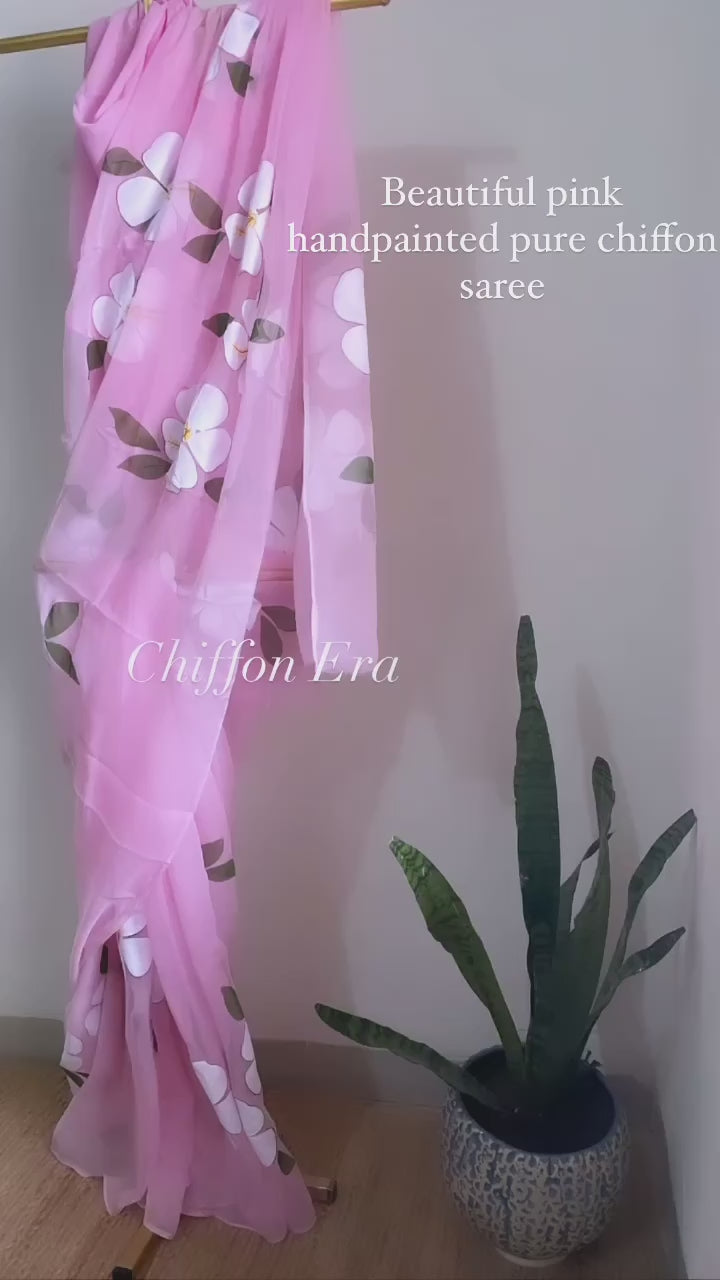 Pure Chiffon Hand painted with detailed work saree with crepe Hand painted Blouse