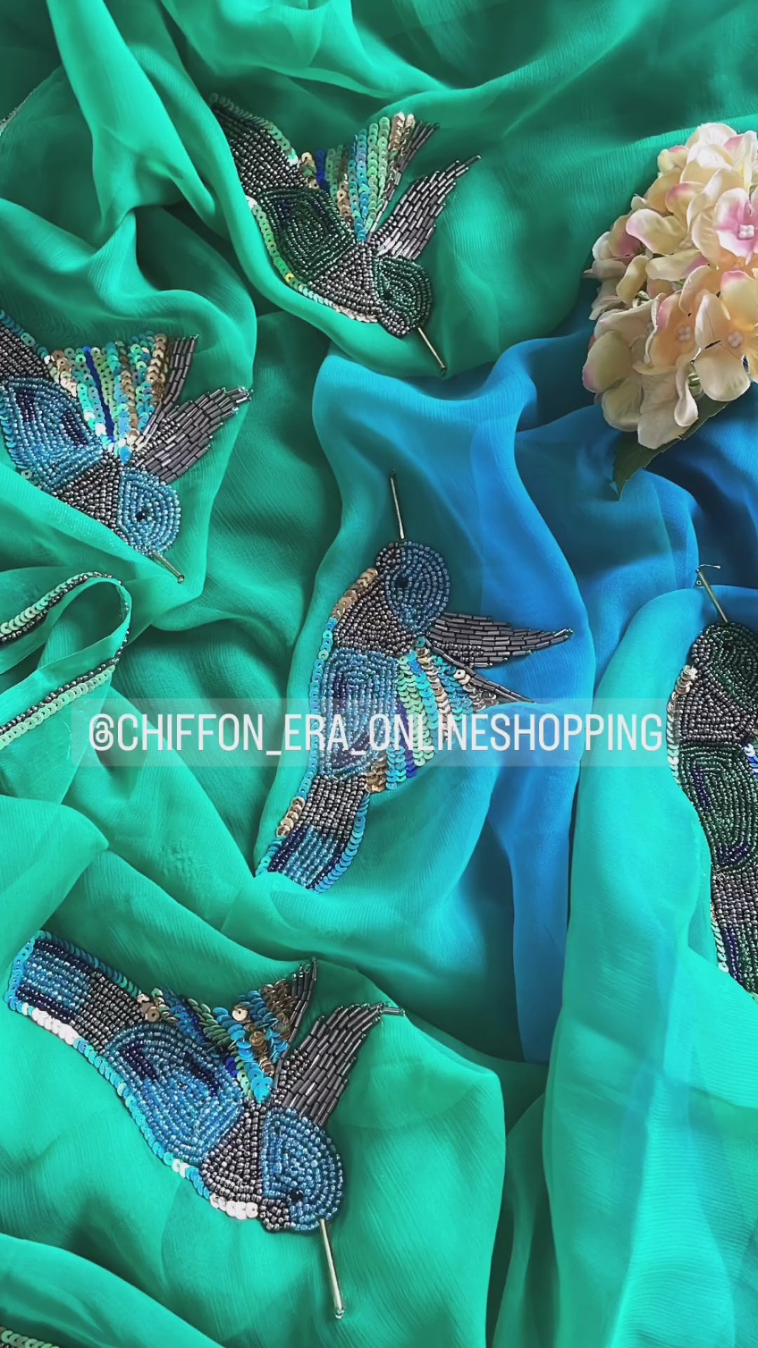 Ombré Sea Green and Blue Handcrafted Sparrow Saree with blouse