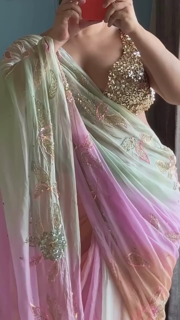 Organza Silk Ombré Saree with All-Over Embellished Work & Crepe Blouse