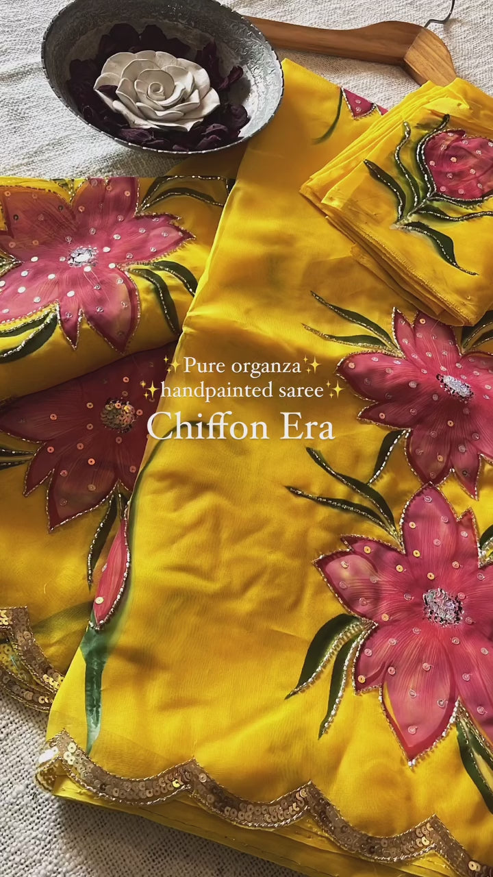 Pure Organza Handcrafted and Hand-Painted Floral Scallop Border Saree