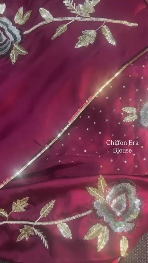 Wine Red Chiffon Saree with Hand Embroidery & Sequin Floral Work | Designer Party & Festive Saree